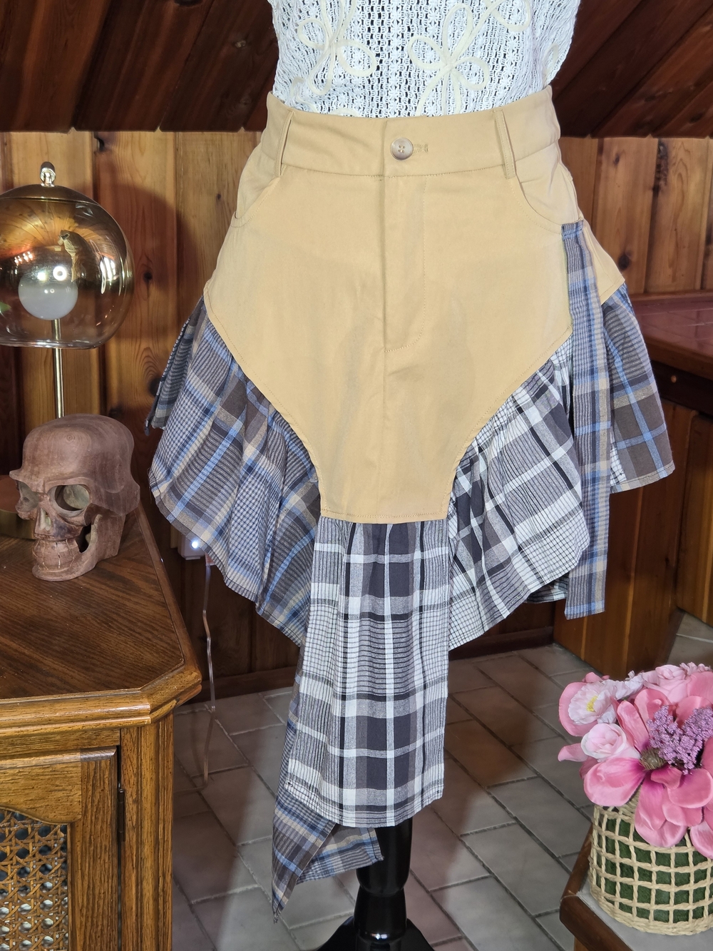Asymmetrical Plaid Panel Khaki Mixed-Media Skirt